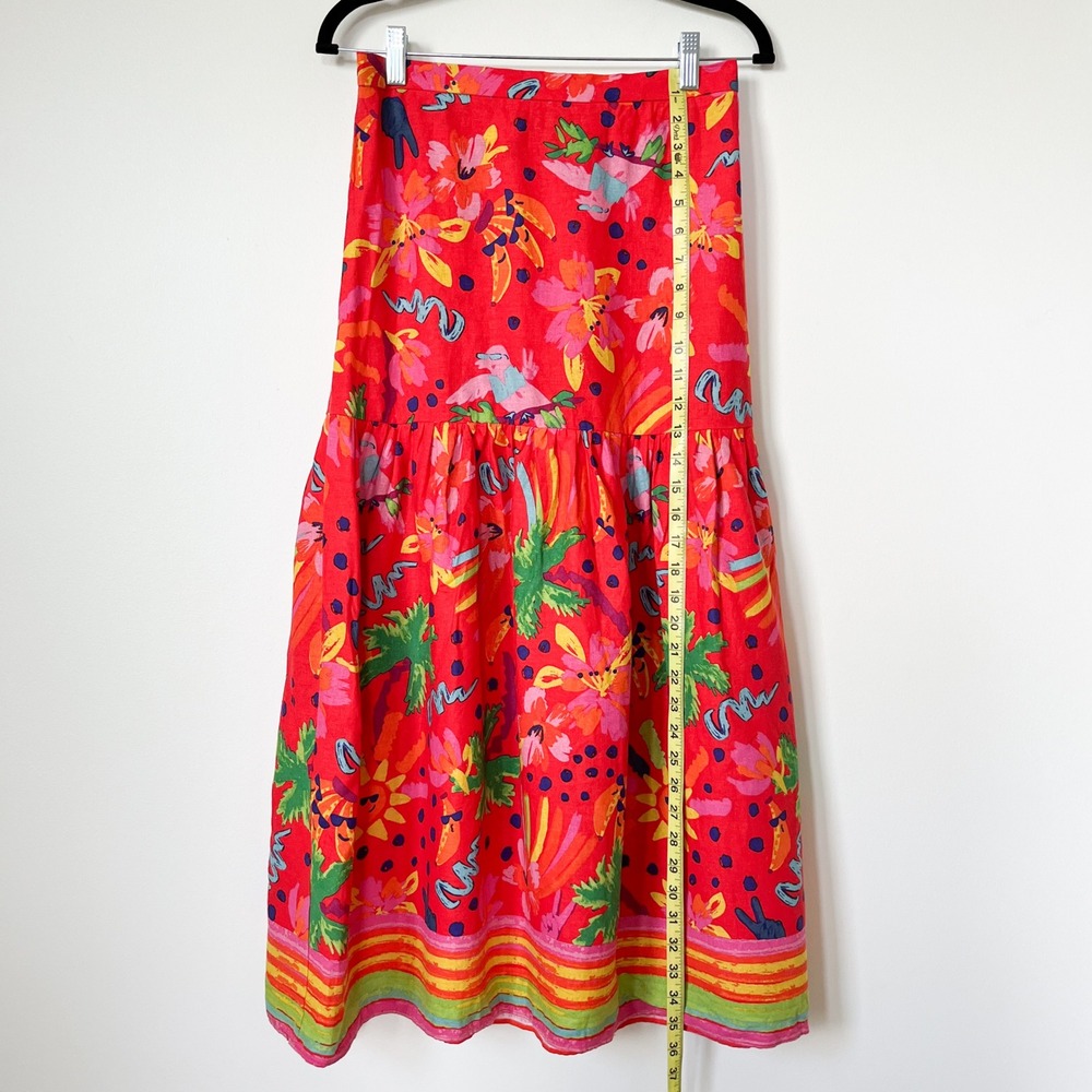 Maison d'Amelie Paris Linen Blend Tropical Tiered Midi Skirt Small Red Multi - Picture 10 of 13
